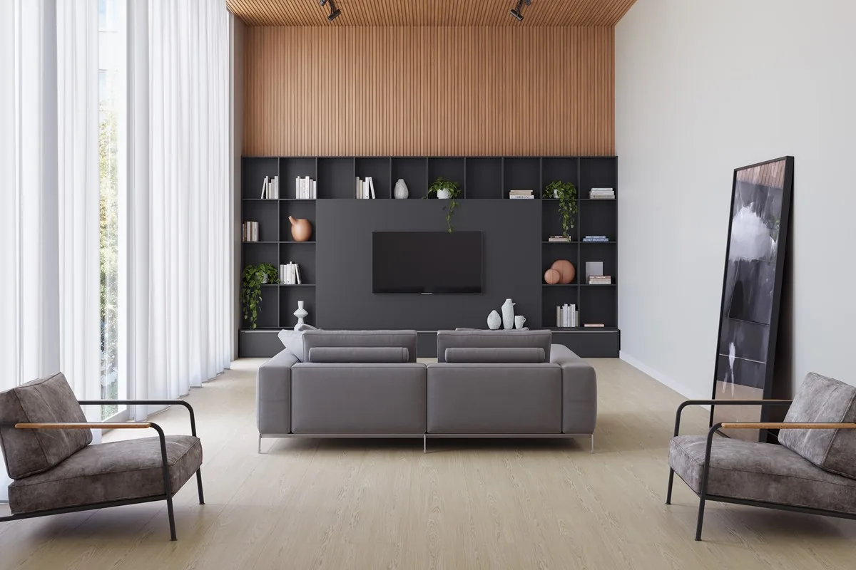 Piso laminado Eucafloor Cadiz Oak aplicado em ambiente residencial